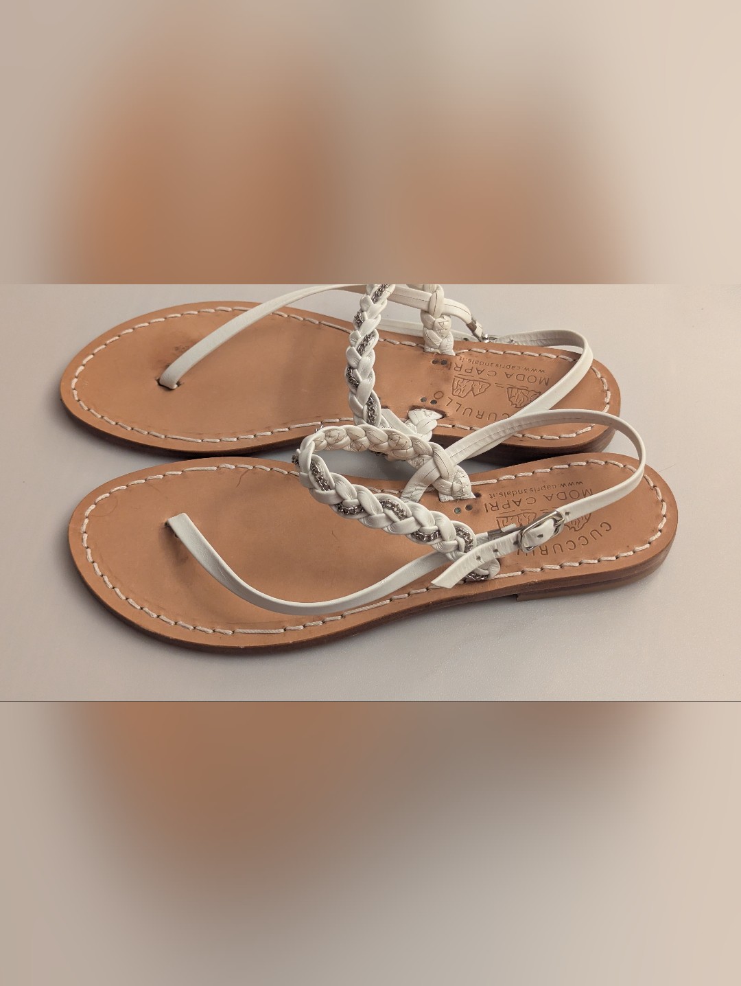 Vero Cucio Cuccurullo Handmade White Woven Leather Sandals. Capri, Italy. Sz 7